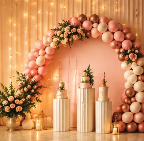 Pink balloon arch with cakes on display pedestals
